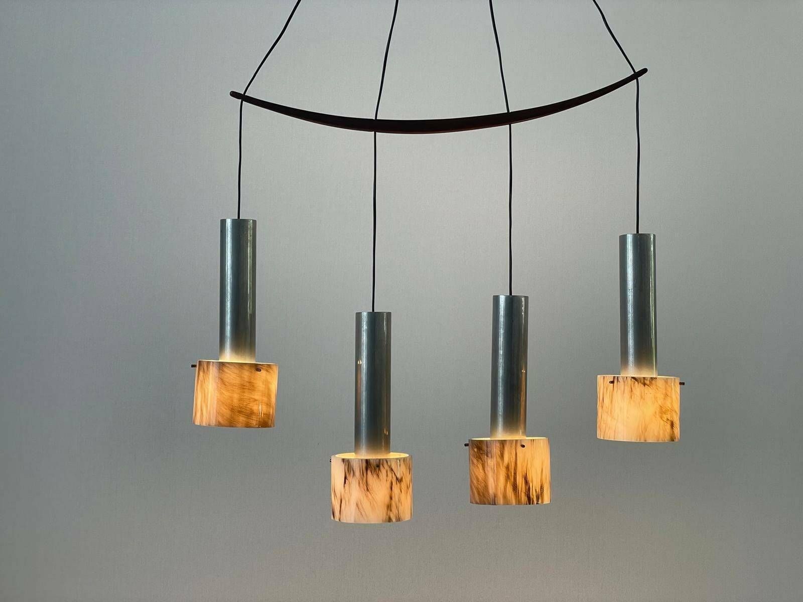 Italian Rare Plexiglass And Metal Four Shade Chandelier With Teak Details, 1960s, Italy