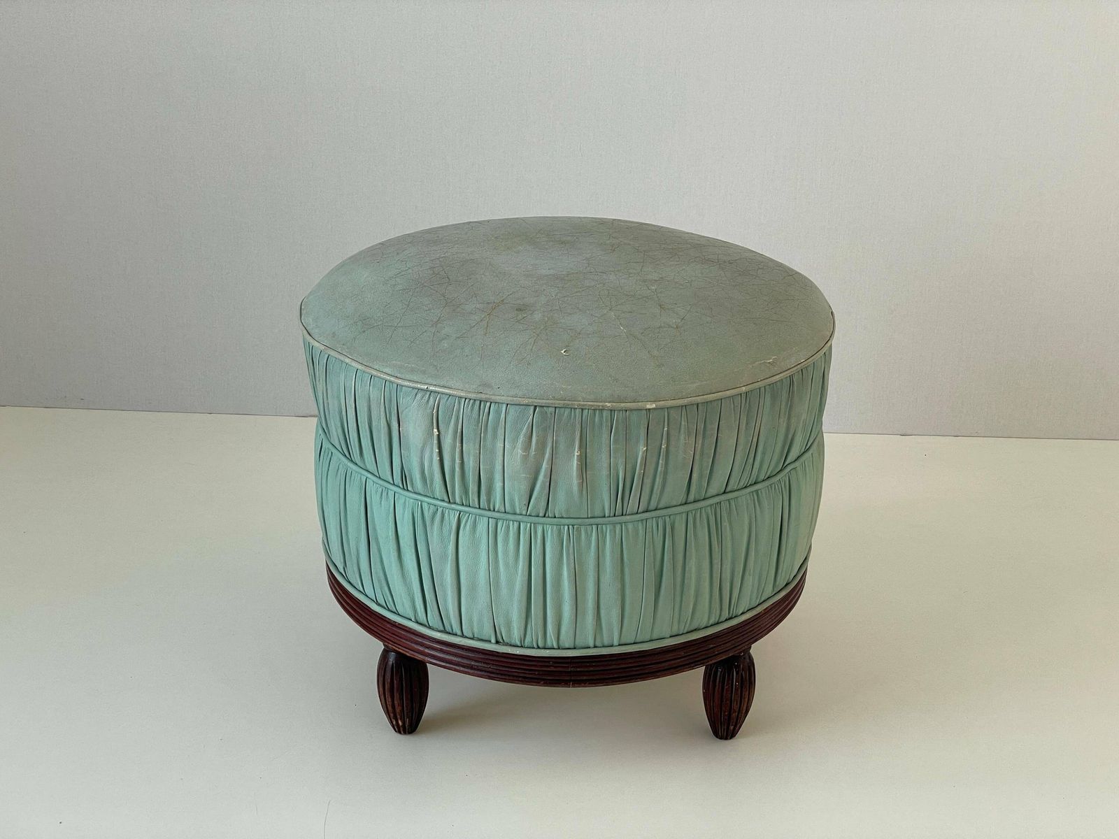 Italian Turkois Worn Leather Round Pouf With Wood Base, 1960s, Italy