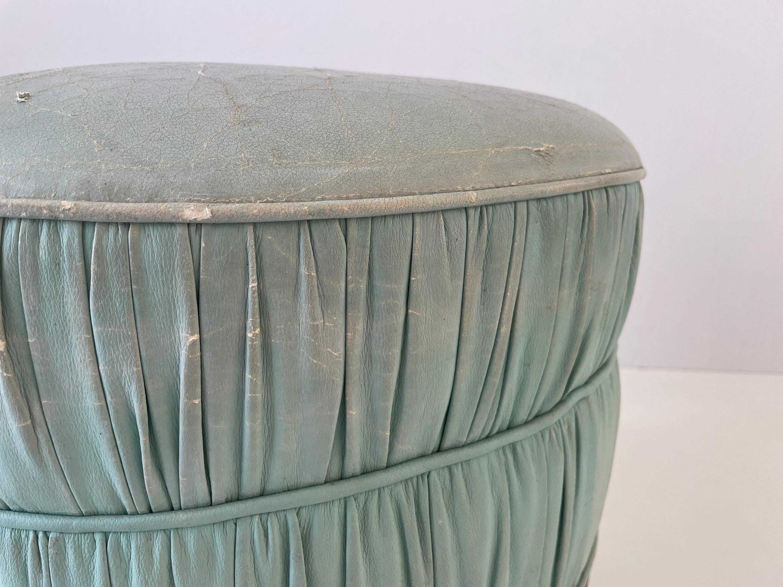 photo furniture Italian Turkois Worn Leather Round Pouf With Wood Base, 1960s, Italy