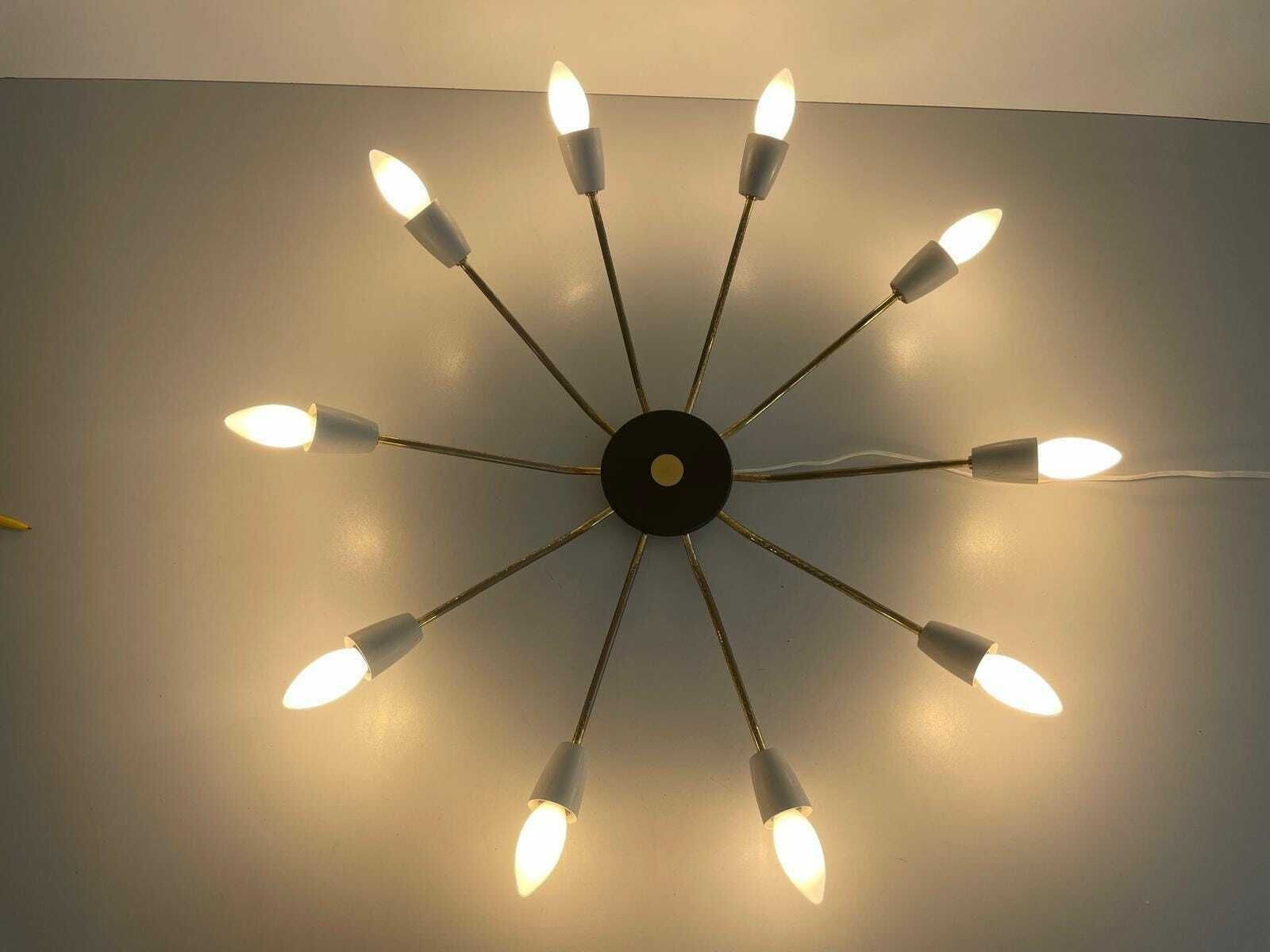 Mid Century Gray Metal And Brass Body 10 Armed Sputnik Ceiling Lamp, 1950s, Germany photo Lighting