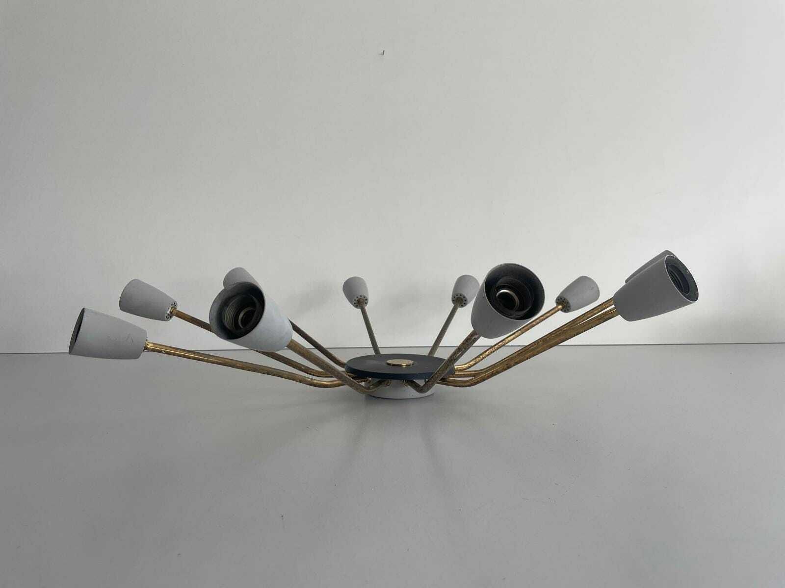 Mid Century Gray Metal And Brass Body 10 Armed Sputnik Ceiling Lamp, 1950s, Germany photo vinterior