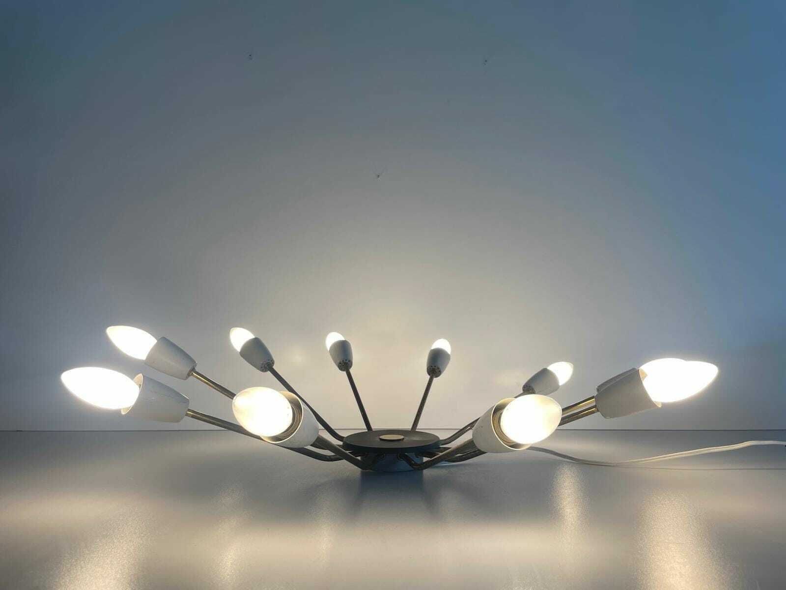 Mid Century Gray Metal And Brass Body 10 Armed Sputnik Ceiling Lamp, 1950s, Germany photo buy