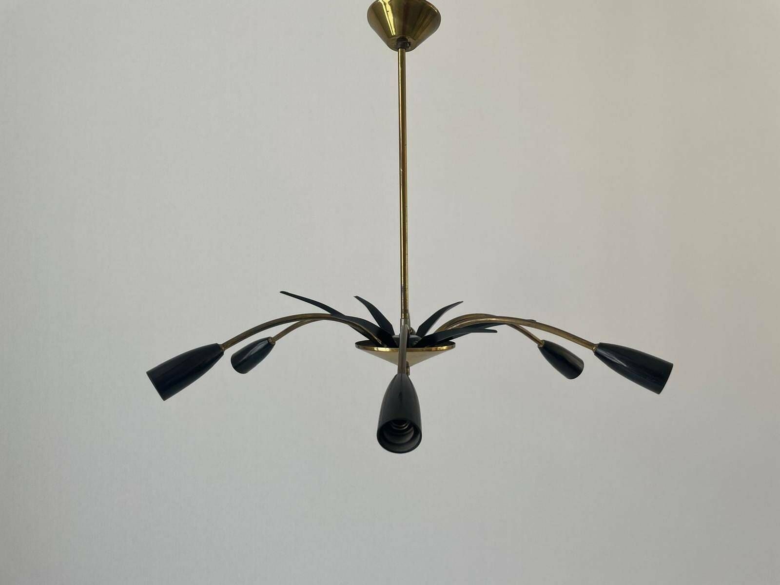 Black Metal & 6 Armed Brass Body Sputnik Ceiling Lamp, 1950s, Germany