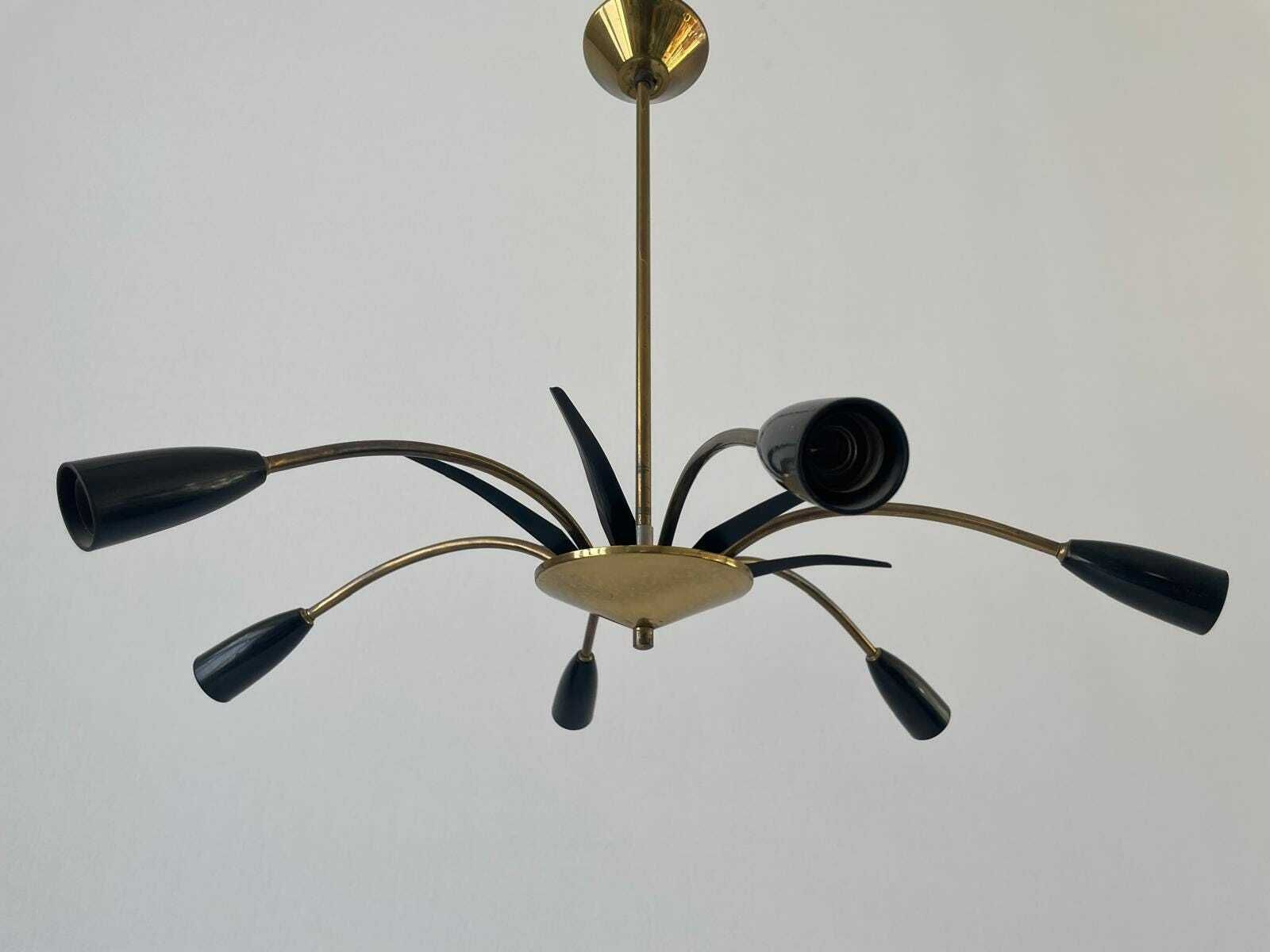 Black Metal & 6 Armed Brass Body Sputnik Ceiling Lamp, 1950s, Germany photo furniture