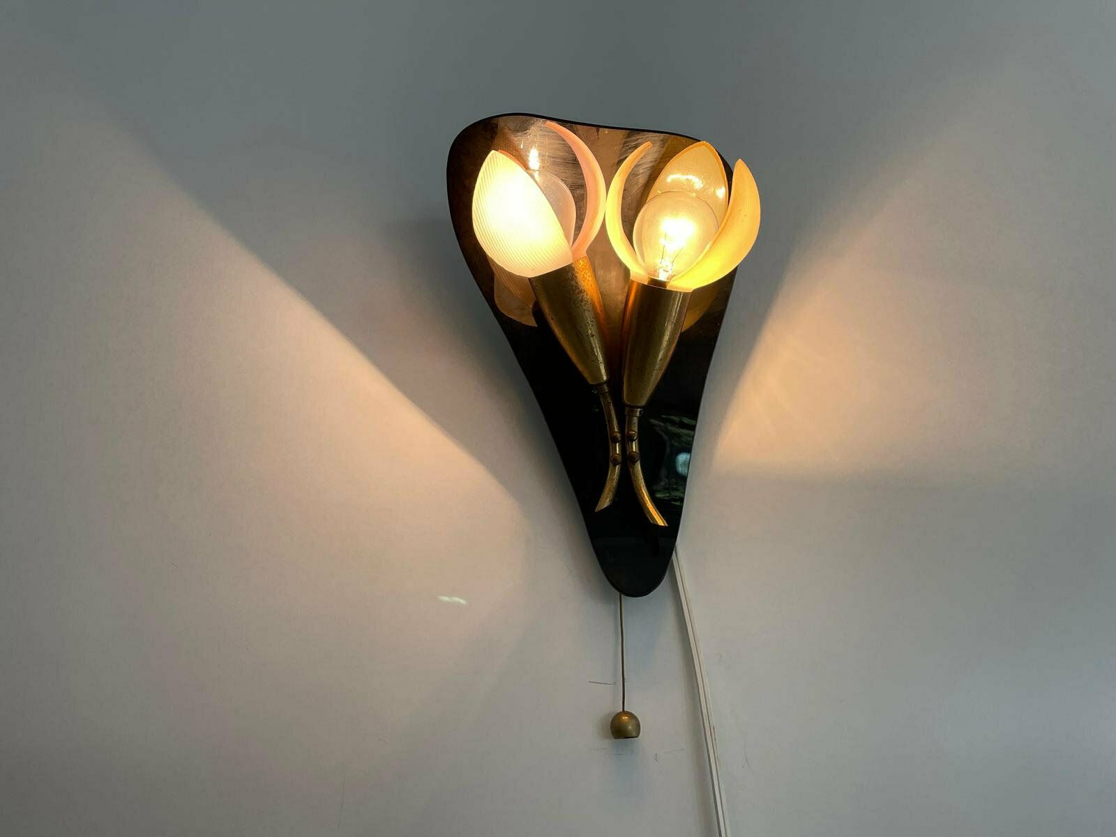 Mid Century Flower Design Brass Single Sconce By Geru With Plexi Pink Green Leaf Detail, W. Germany, 1950s photo furniture