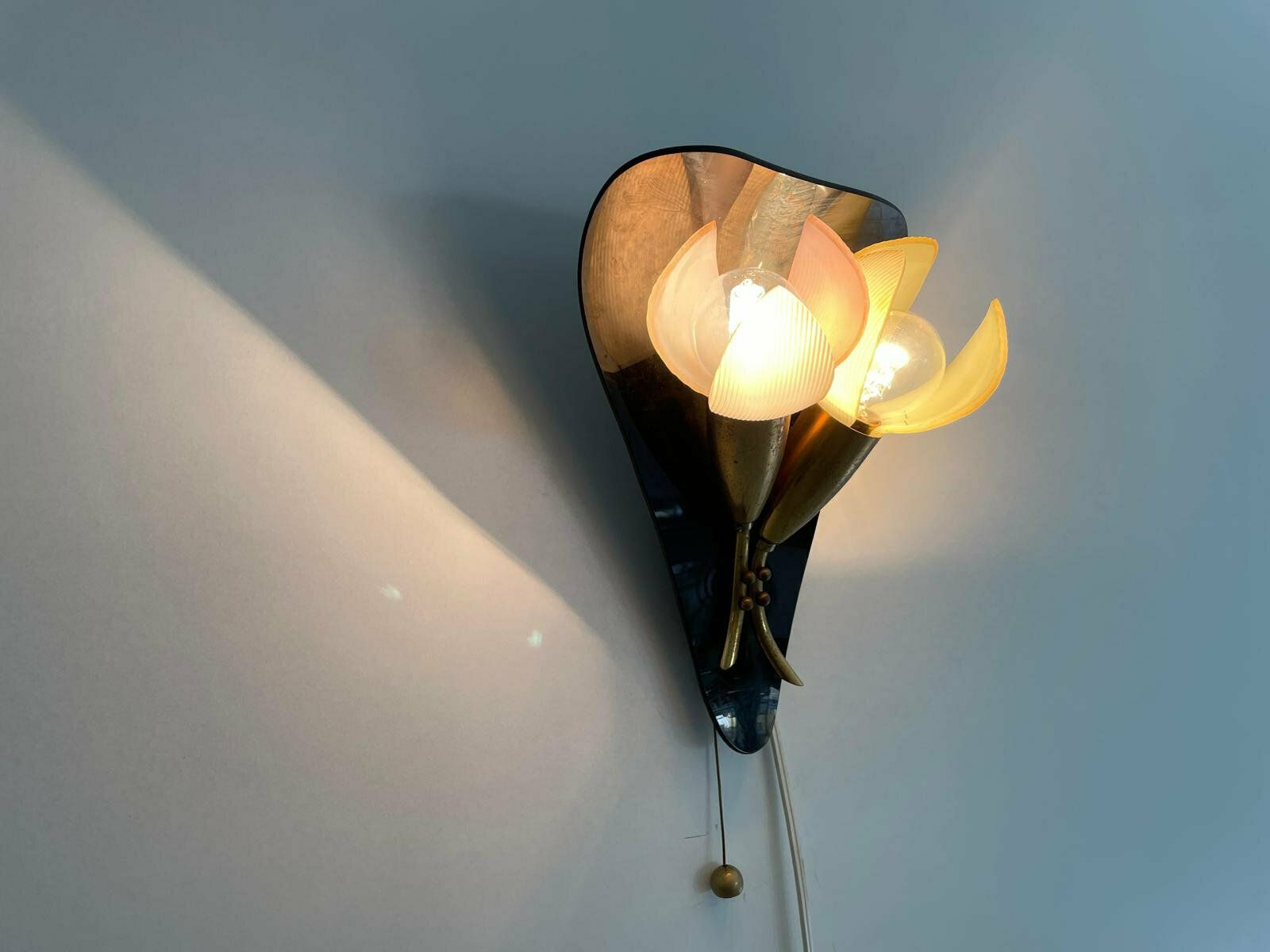 Mid Century Flower Design Brass Single Sconce By Geru With Plexi Pink Green Leaf Detail, W. Germany, 1950s photo vinterior