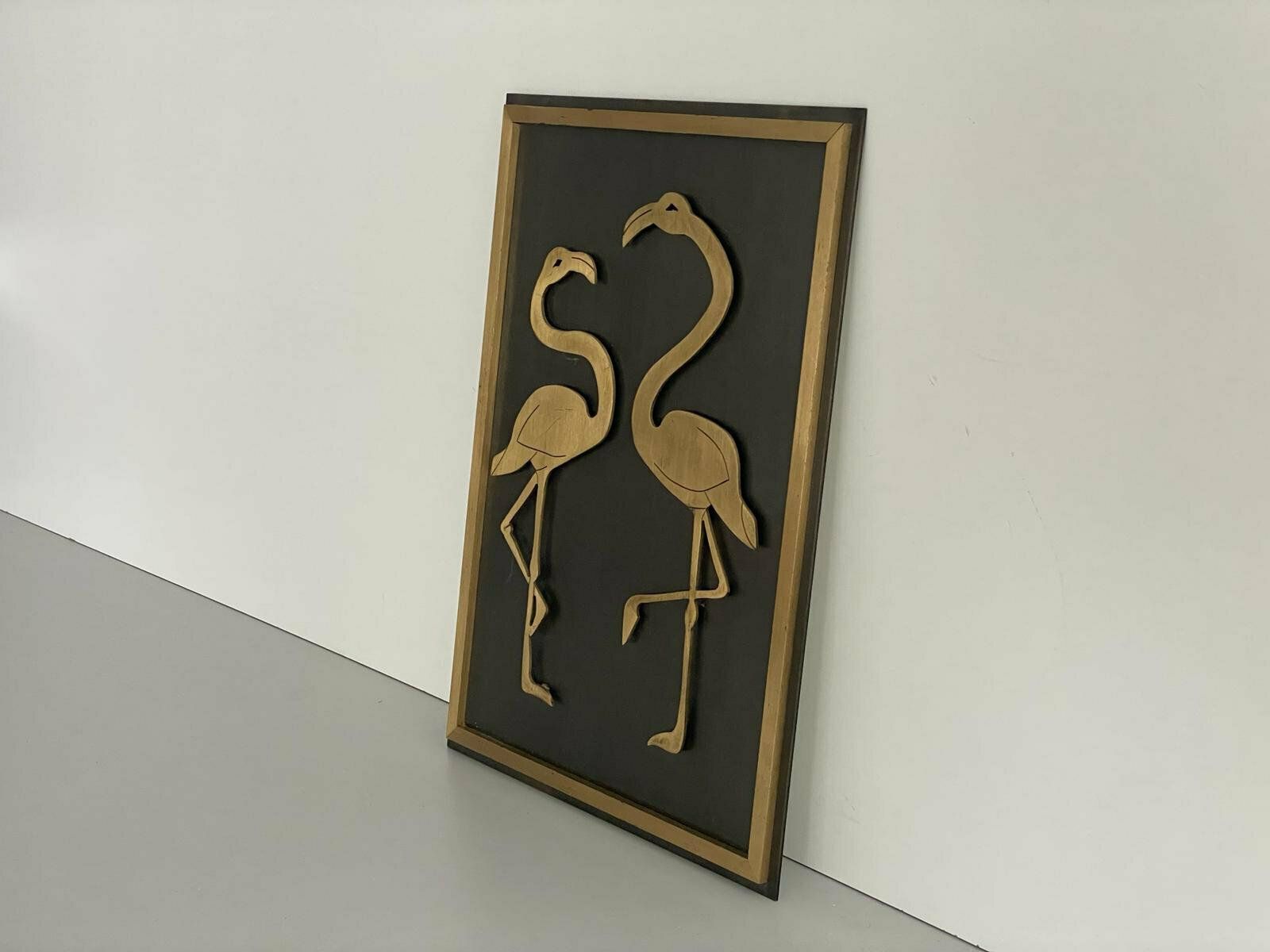 Wonderful Flamingo Couple Brass And Black Metal Backside Wall Art, Germany, 1960s photo Art