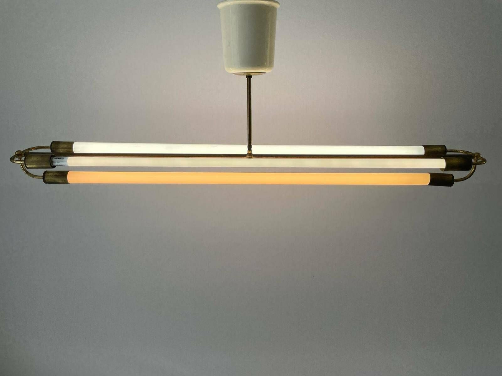 Art Deco Brass Industrial Ceiling Lamp By Kaiser & Co. With 3 Fluorescent Tubes, 1930s, Germany