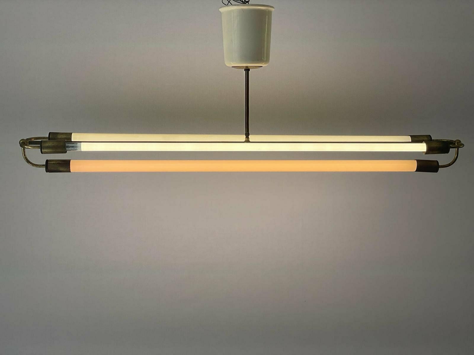 Art Deco Brass Industrial Ceiling Lamp By Kaiser & Co. With 3 Fluorescent Tubes, 1930s, Germany photo for sale