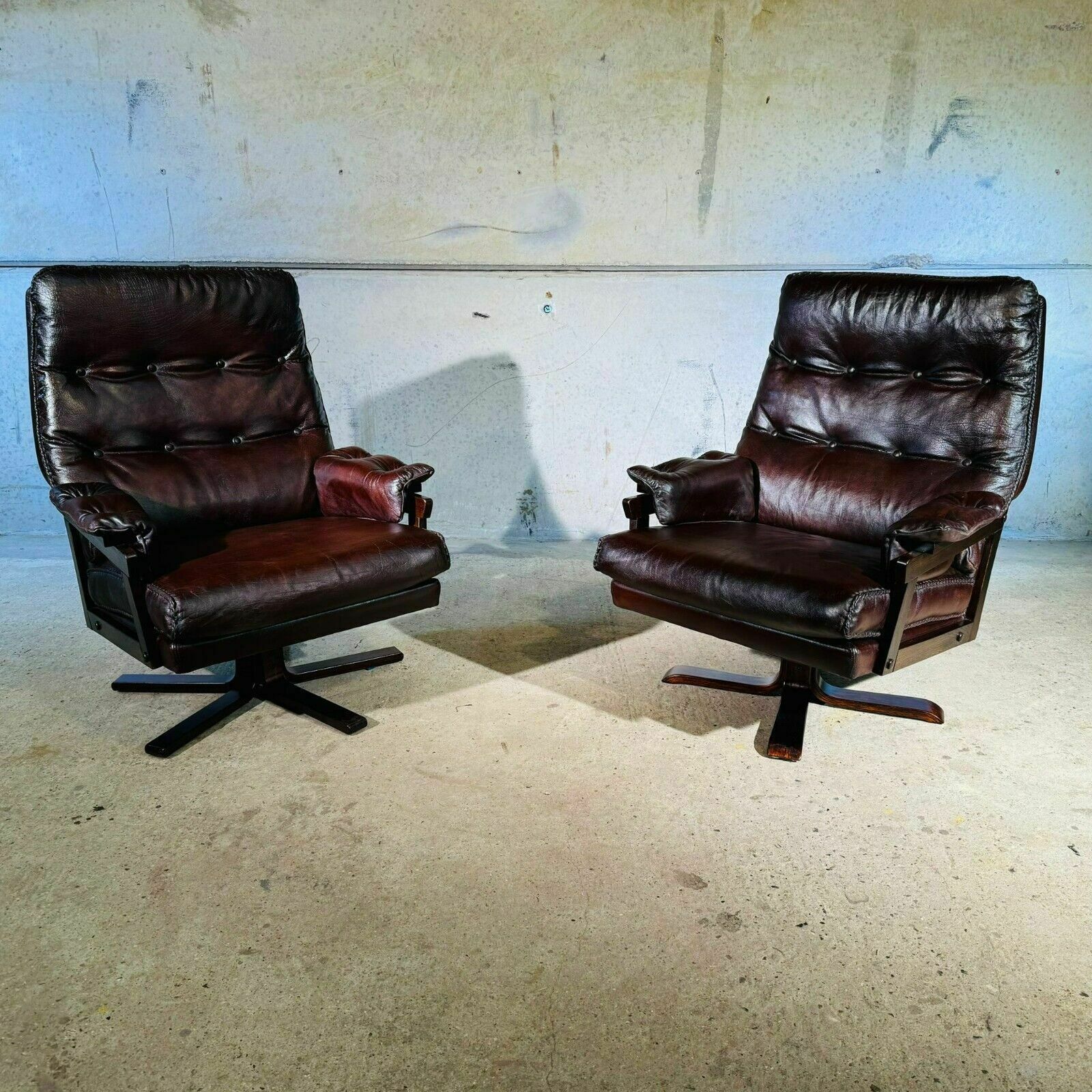 1 Of 2 Beautiful 70s Vintage Danish Chestnut Leather Swivel Chair
