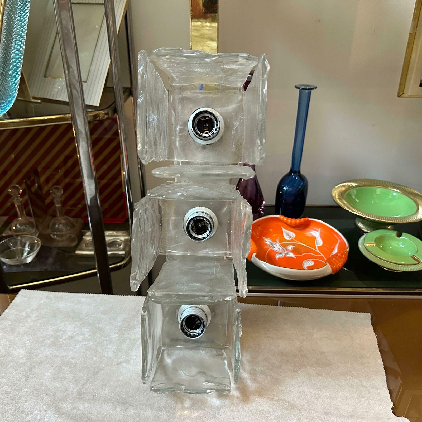 photo furniture 1970s Space Age Iced Murano Glass And Steel Lighting Fixtures By Toso