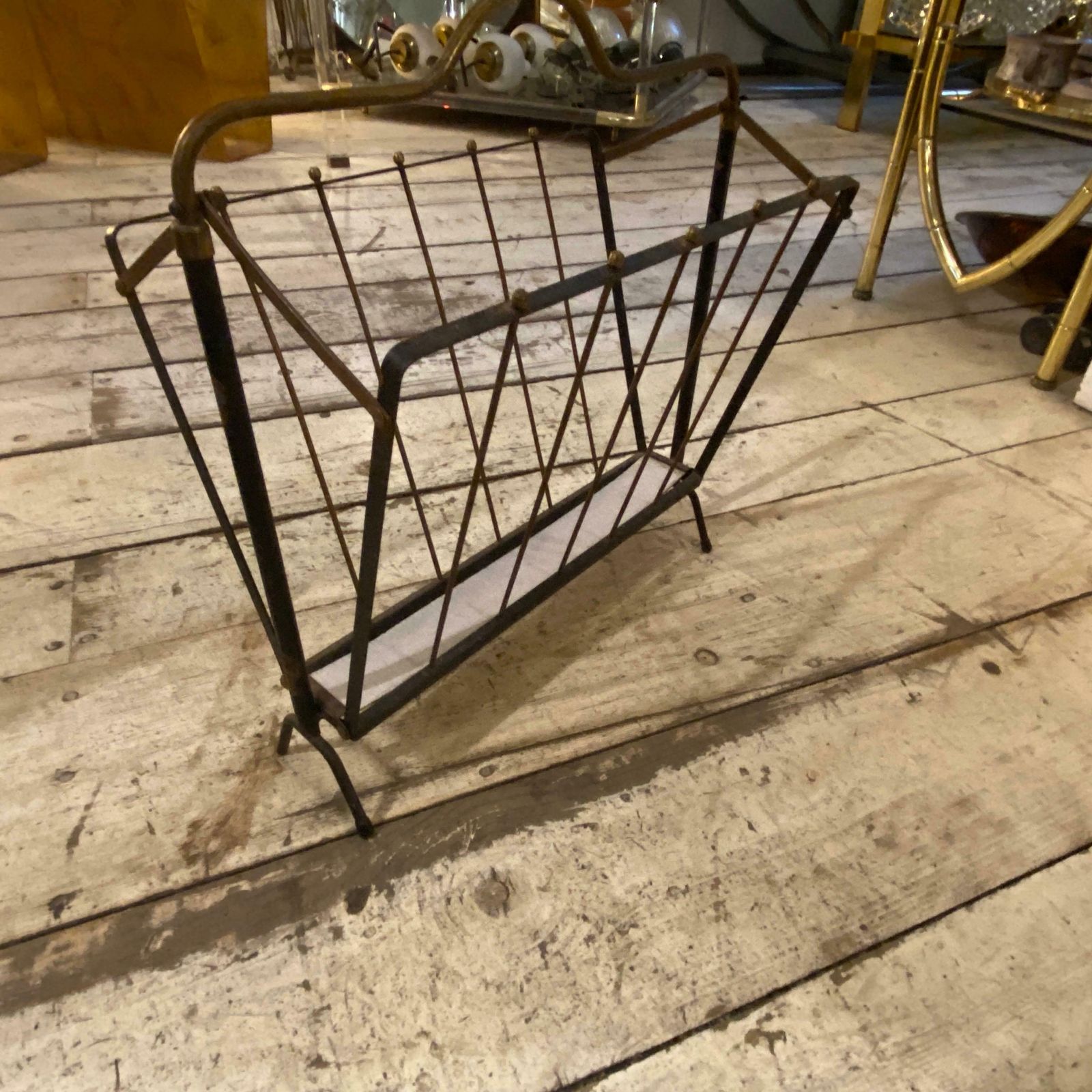 1950s Mid Century Modern Black Painted Iron And Brass Italian Magazine Rack photo for sale