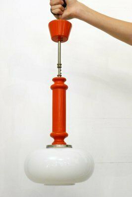 photo furniture Vintage Space Age Pendant Light In Orange Wood & Opaline Lampshade, 1960s