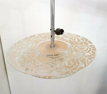 photo for sale Art Deco Chandelier With Discs Decorated With Stylized Roses In Pink Granite, 1940s