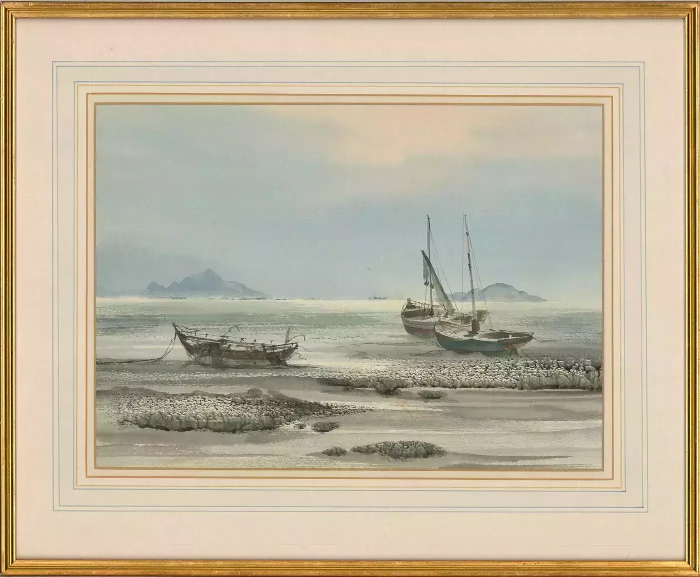 Framed 20th Century Watercolour   Beach Scene With Boats