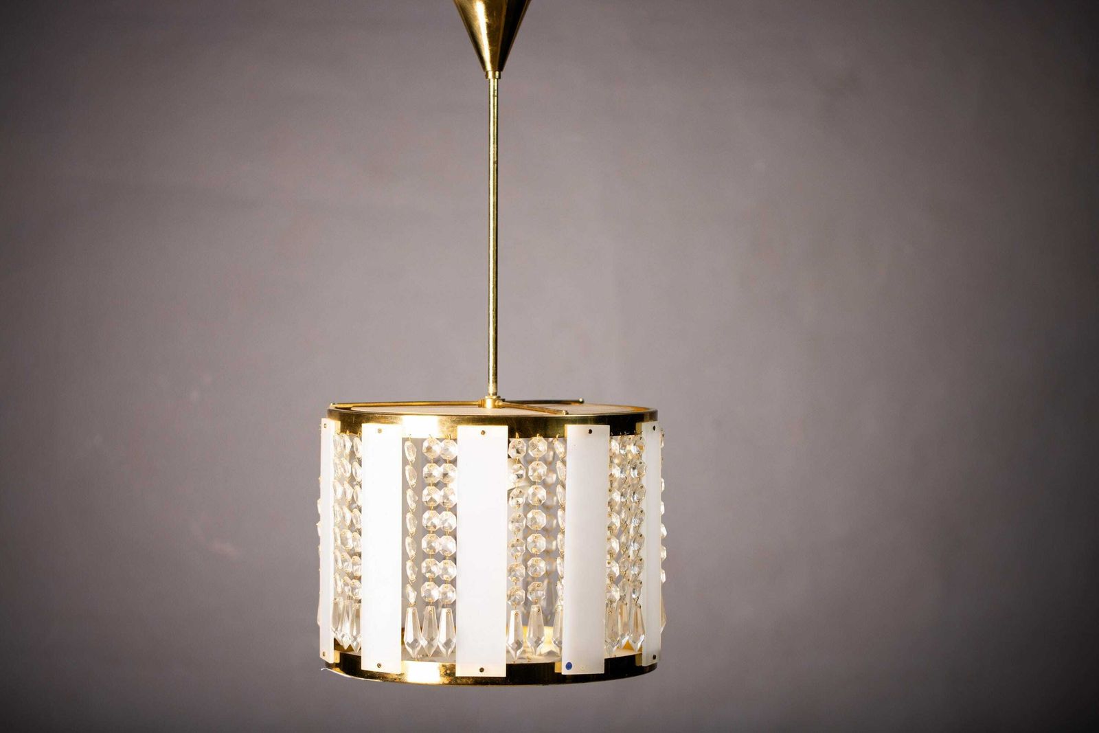 Vintage Chandelier By Jablonec Glassworks Novy Bydzov / 1970s Czechoslovakia / Mid Century Pendandt Light / Brass Glass Crystal Lamp photo vintage