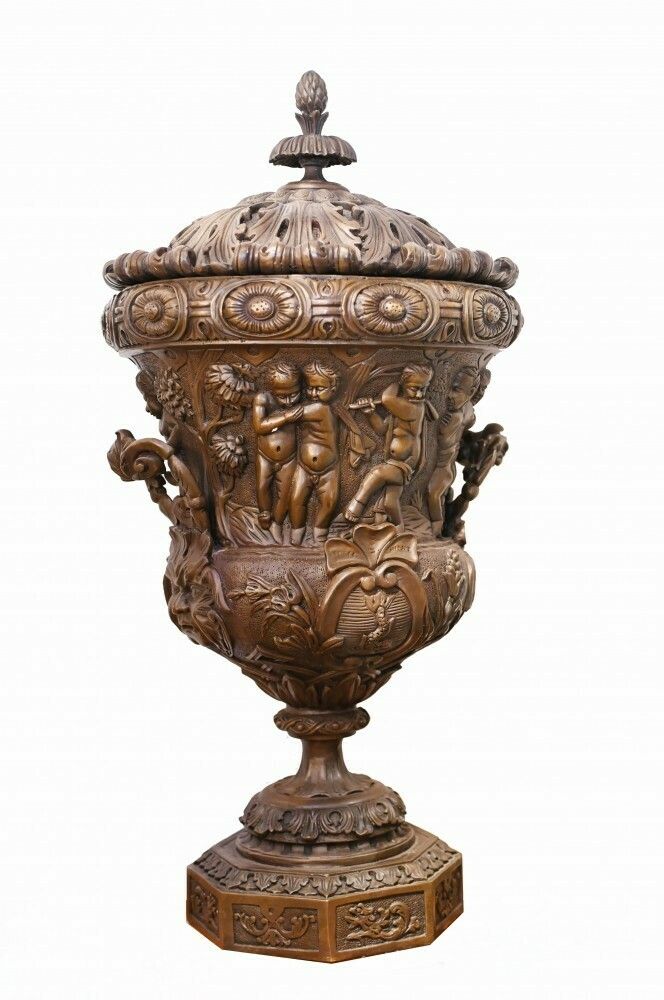 Pair Large Bronze Urns Monumental Campana Cherub After Clodion photo furniture