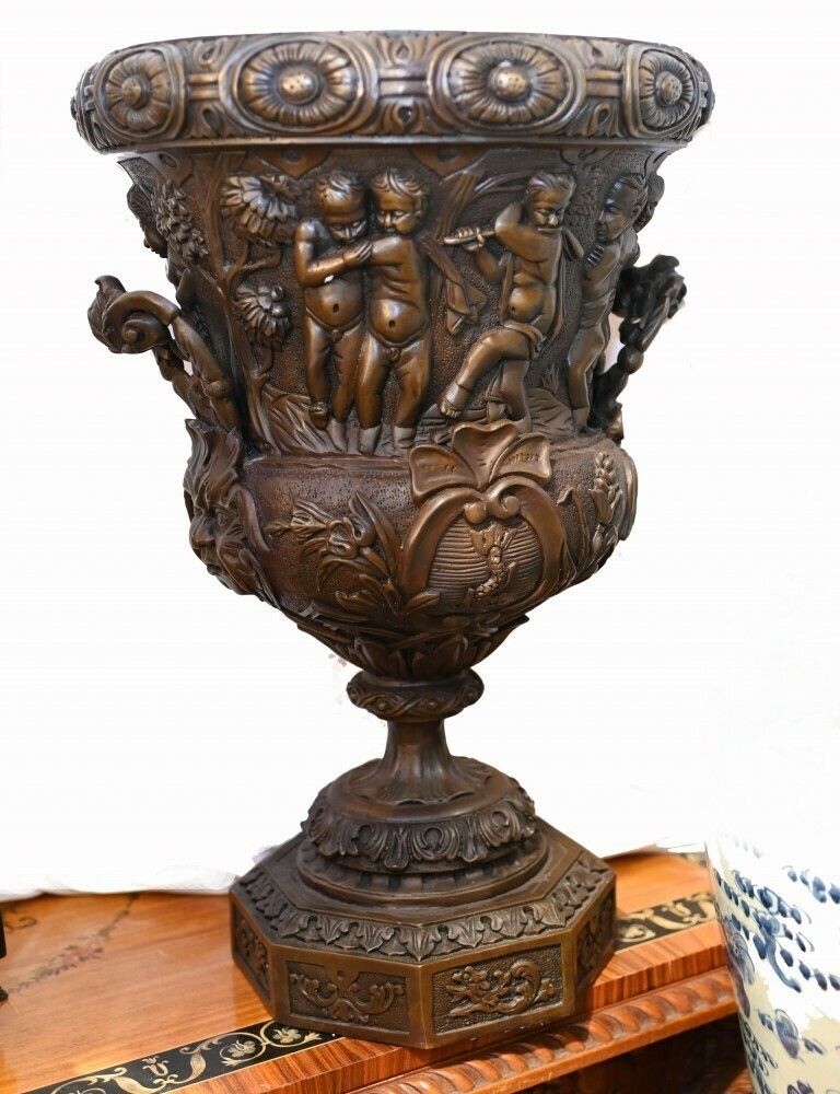4500.0 Pair Large Bronze Urns Monumental Campana Cherub After Clodion photo