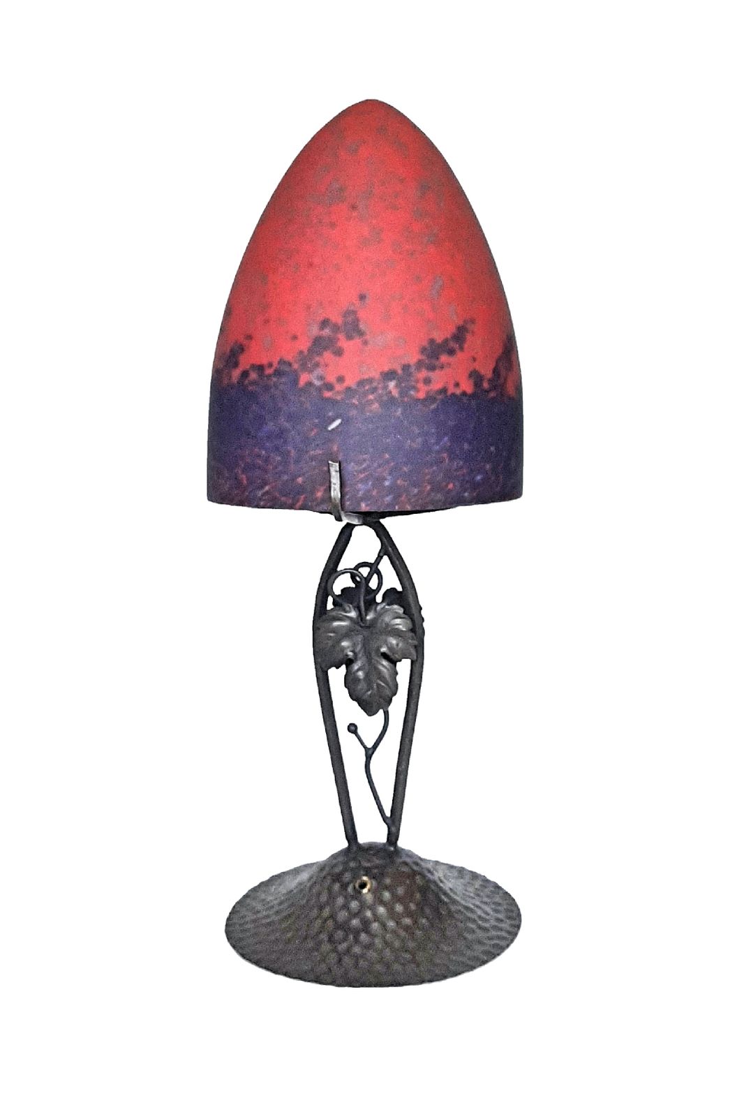 Art Deco Lamp Mottled Red, Orange, Blue Tinted Glass Shade, Hammered Steel Base France C 1980s