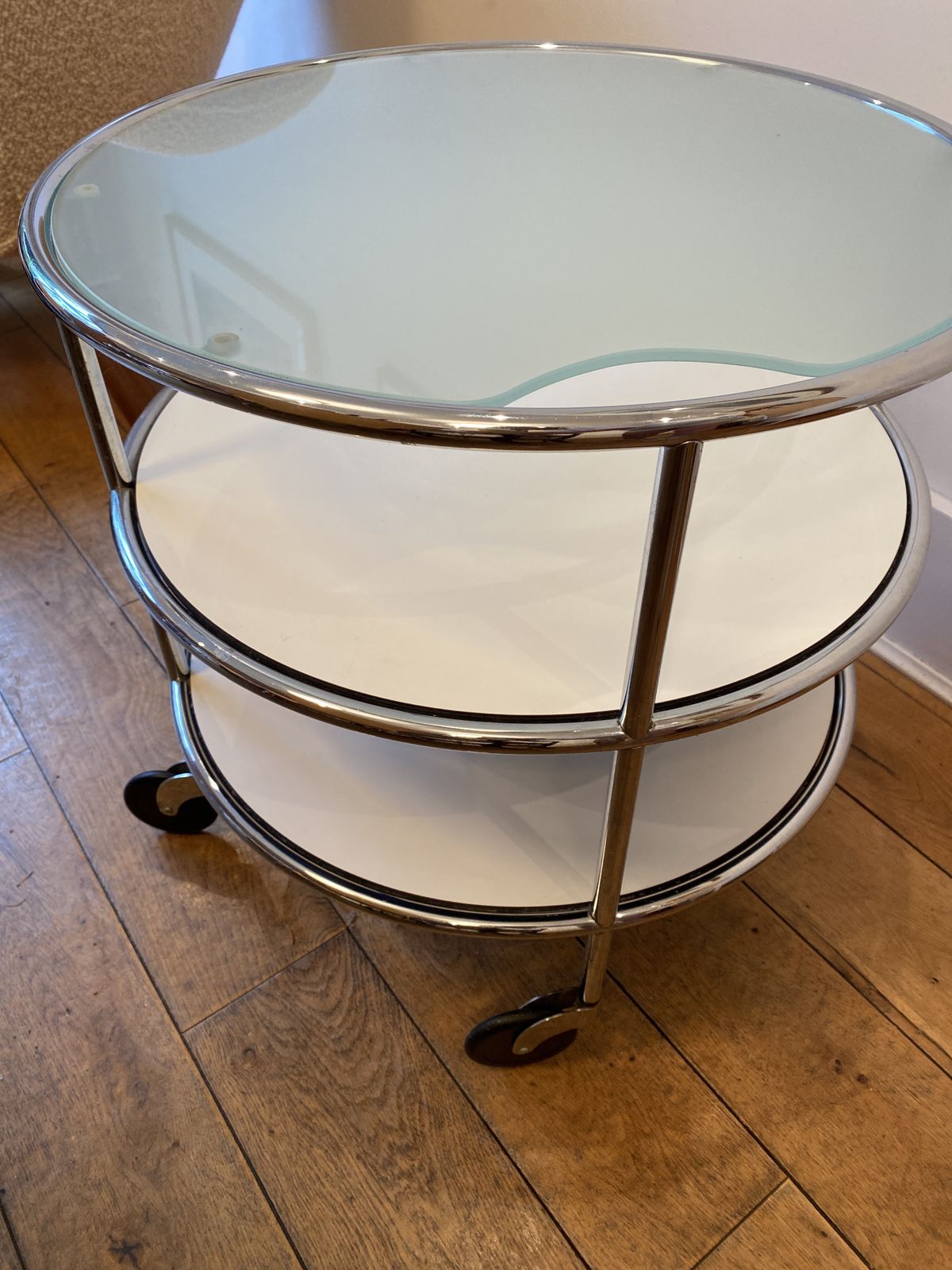 Swedish Vintage Glass Chrome Coffee Table With Three Tiers photo vinterior