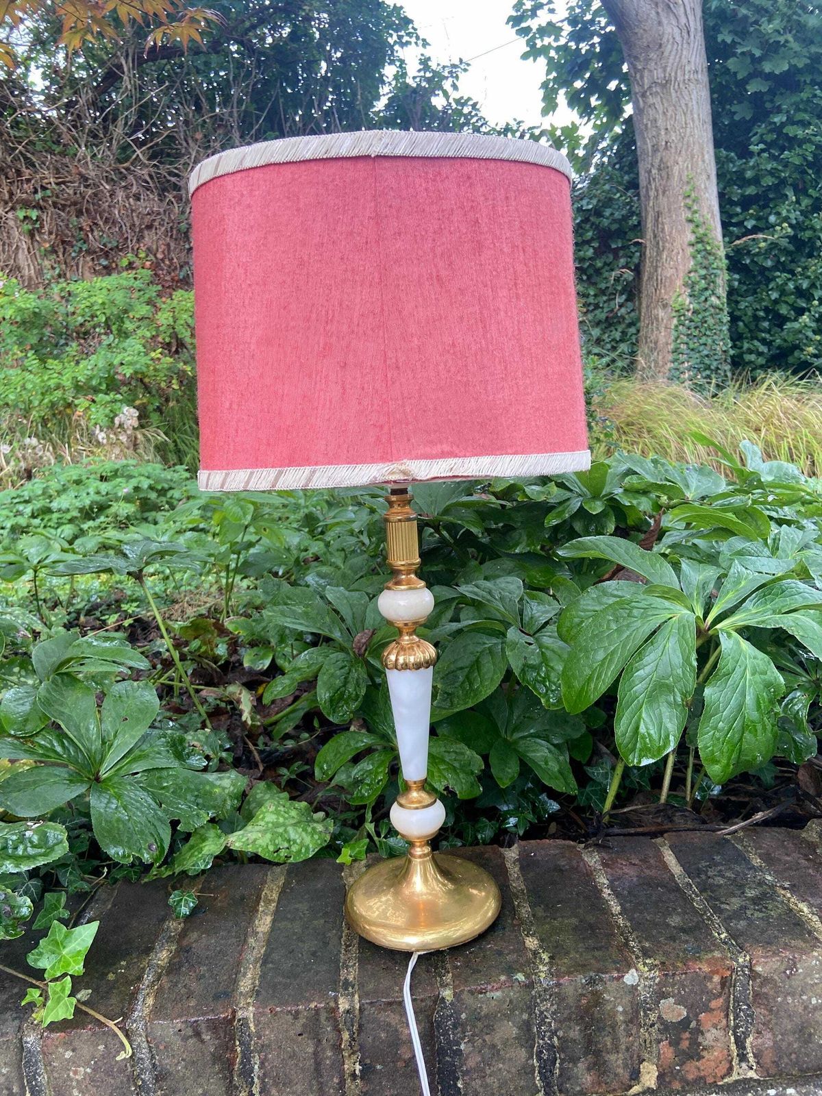 Retro Tall White Onyx Lamp With Brass Detail And An Original Oval Retro Shade photo buy