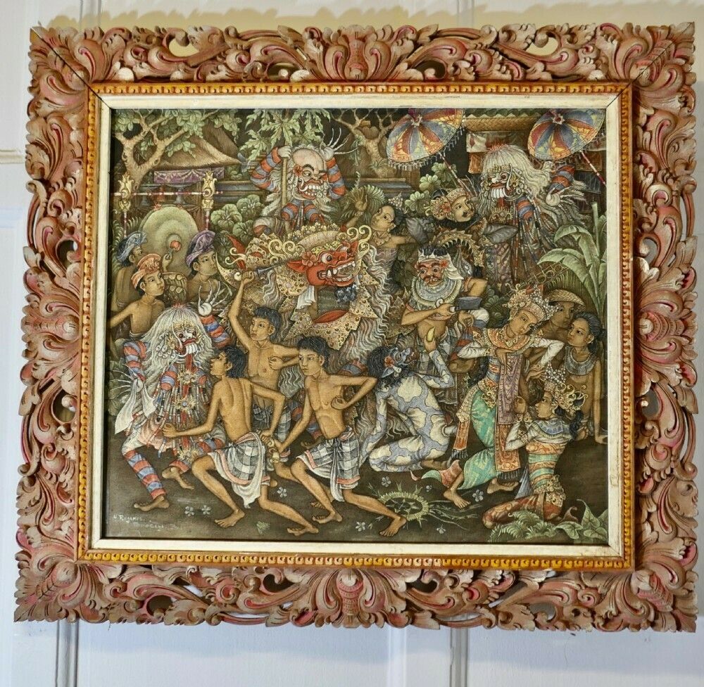 Mythical Balinese Painting In Original Carved Frame By W Rejamus photo for sale
