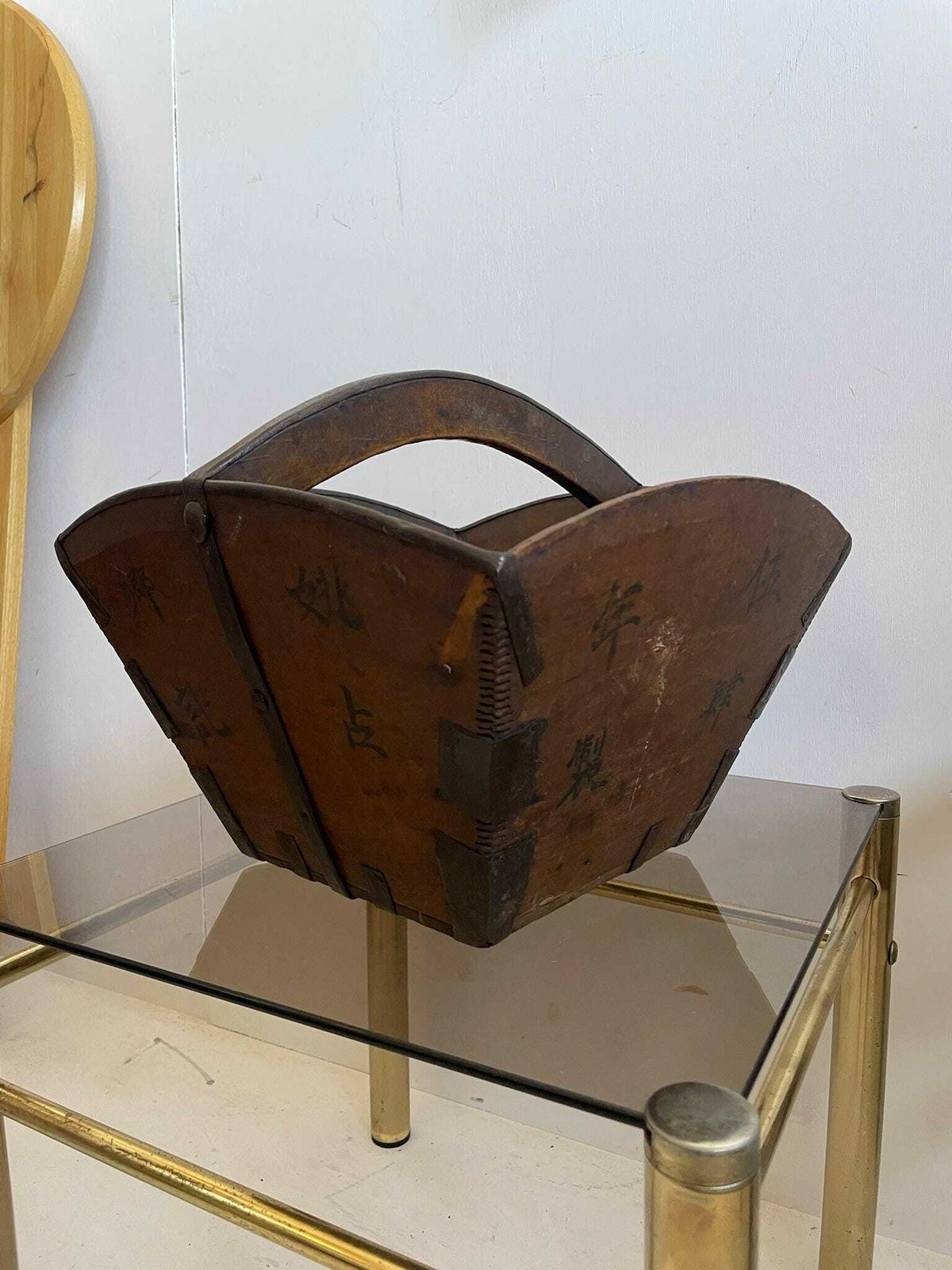 Vintage Chinese Wooden Rice Carrier Measuring Basket photo 85.0