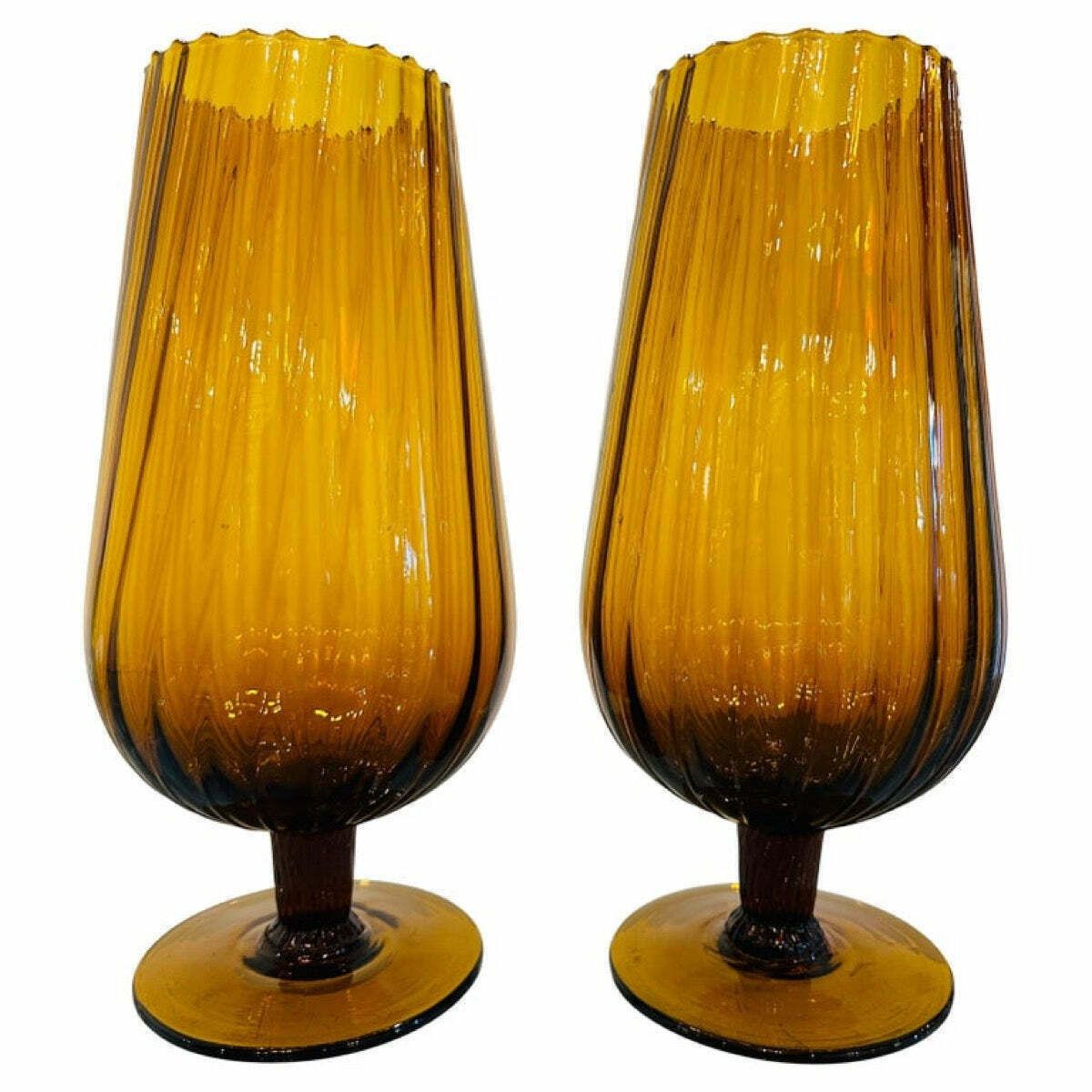 Pair Of Large 1960s Italian Amber Ribbed Swirled Glass Goblet Chalice Vases