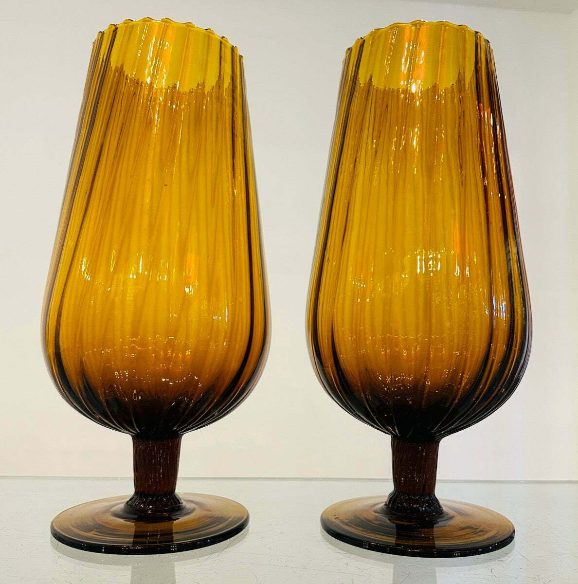 Pair Of Large 1960s Italian Amber Ribbed Swirled Glass Goblet Chalice Vases photo for sale
