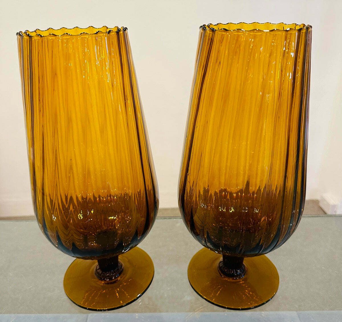 Pair Of Large 1960s Italian Amber Ribbed Swirled Glass Goblet Chalice Vases photo vinterior