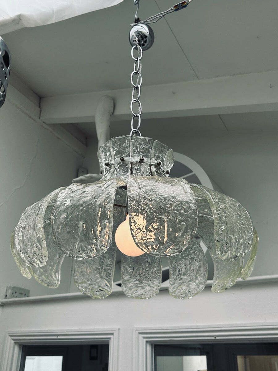 1960s Italian Carlo Nason For Mazzega Murano Clear Textured Petal Glass & Chrome Chandelier photo vinterior