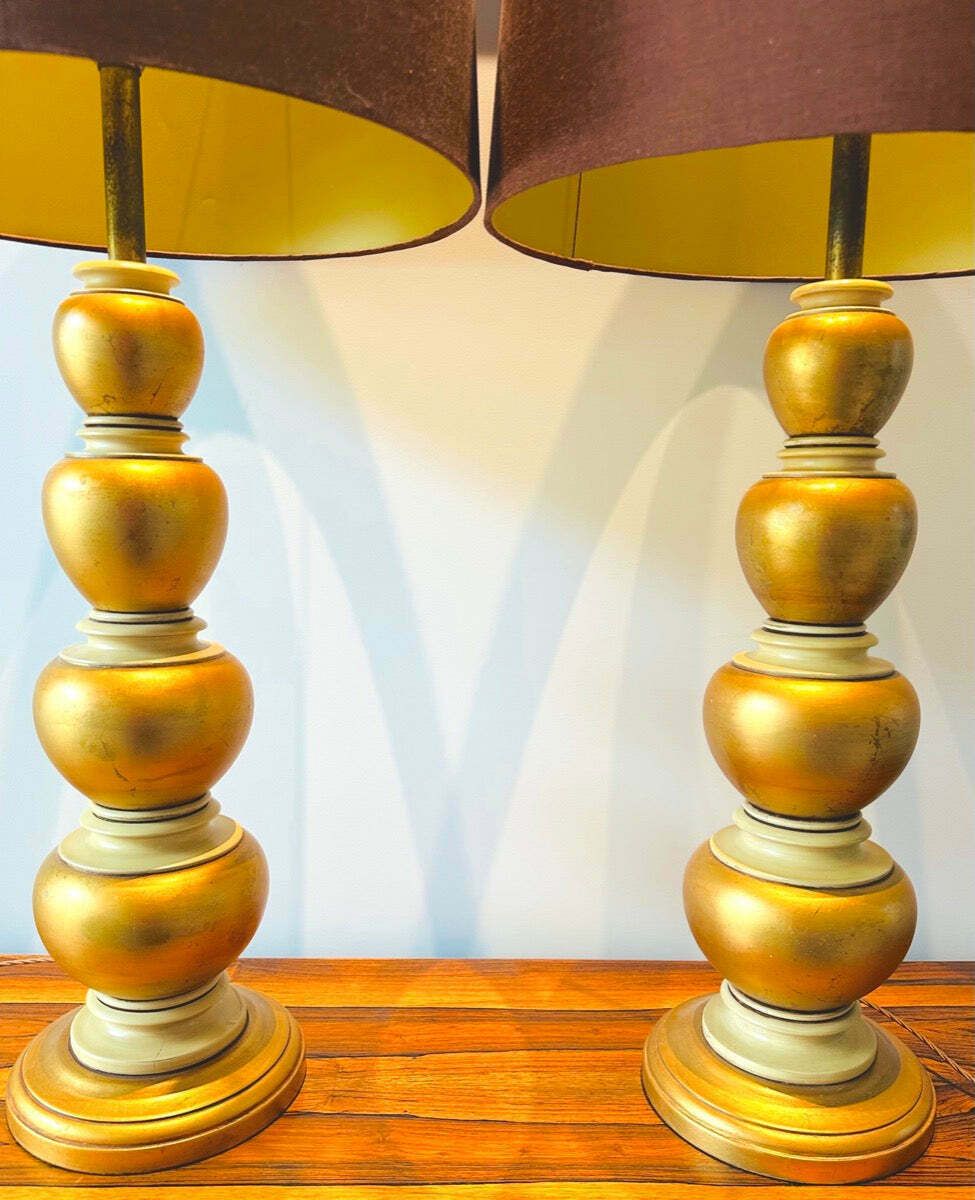 Pair Of 1950s American Frederick Cooper Gold Leaf Concentric Oval Table Lamps Inc Shades photo Lighting