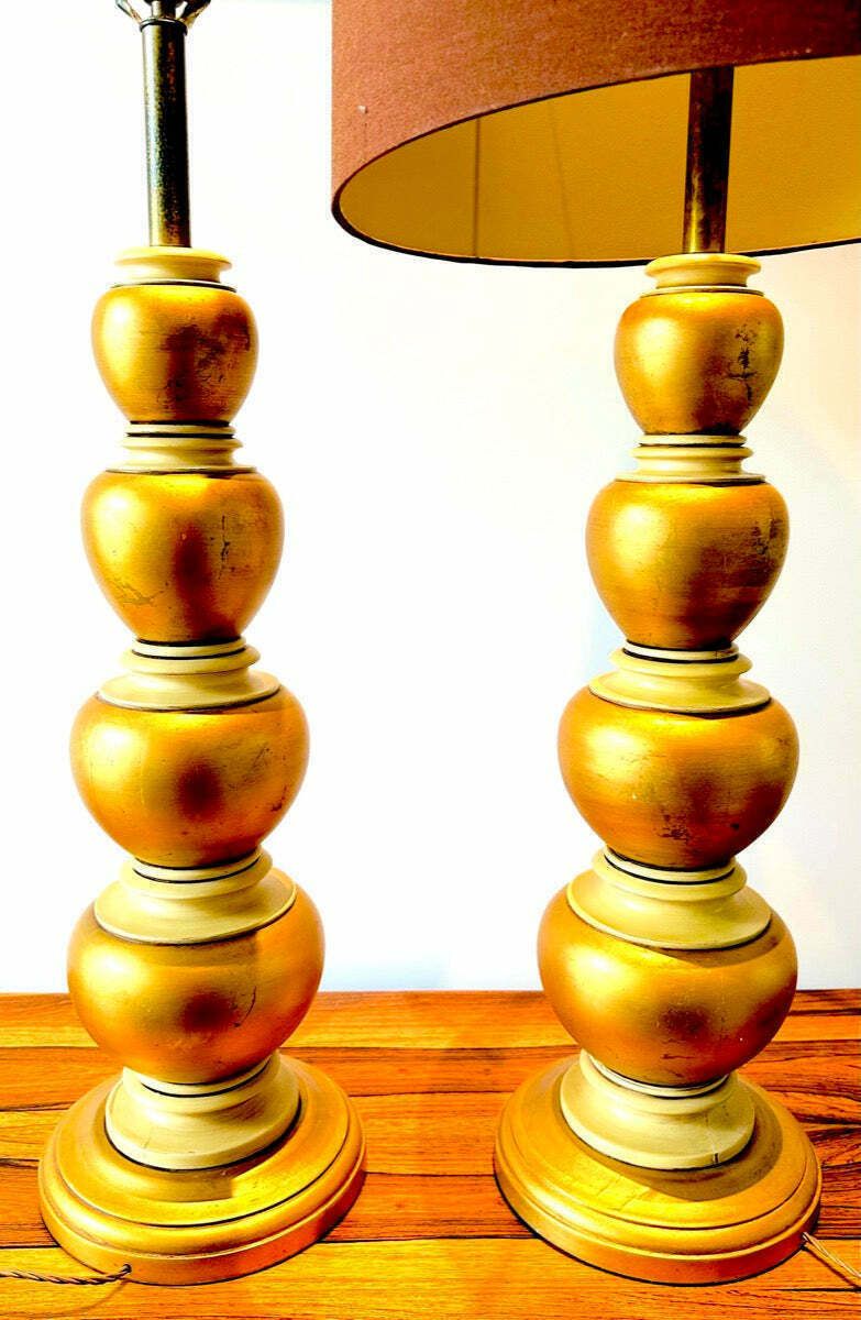 Pair Of 1950s American Frederick Cooper Gold Leaf Concentric Oval Table Lamps Inc Shades photo 3250.0