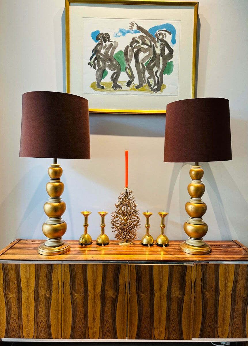 Pair Of 1950s American Frederick Cooper Gold Leaf Concentric Oval Table Lamps Inc Shades photo buy