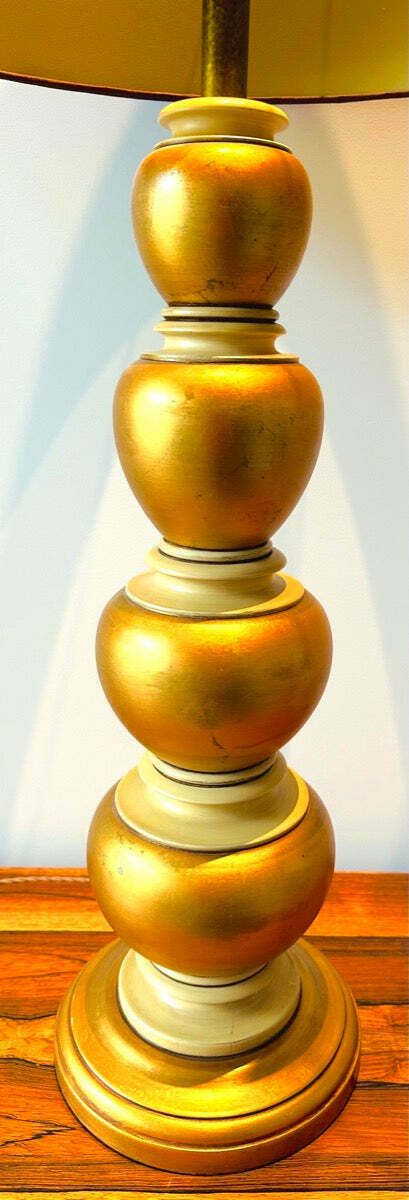 photo for sale Pair Of 1950s American Frederick Cooper Gold Leaf Concentric Oval Table Lamps Inc Shades