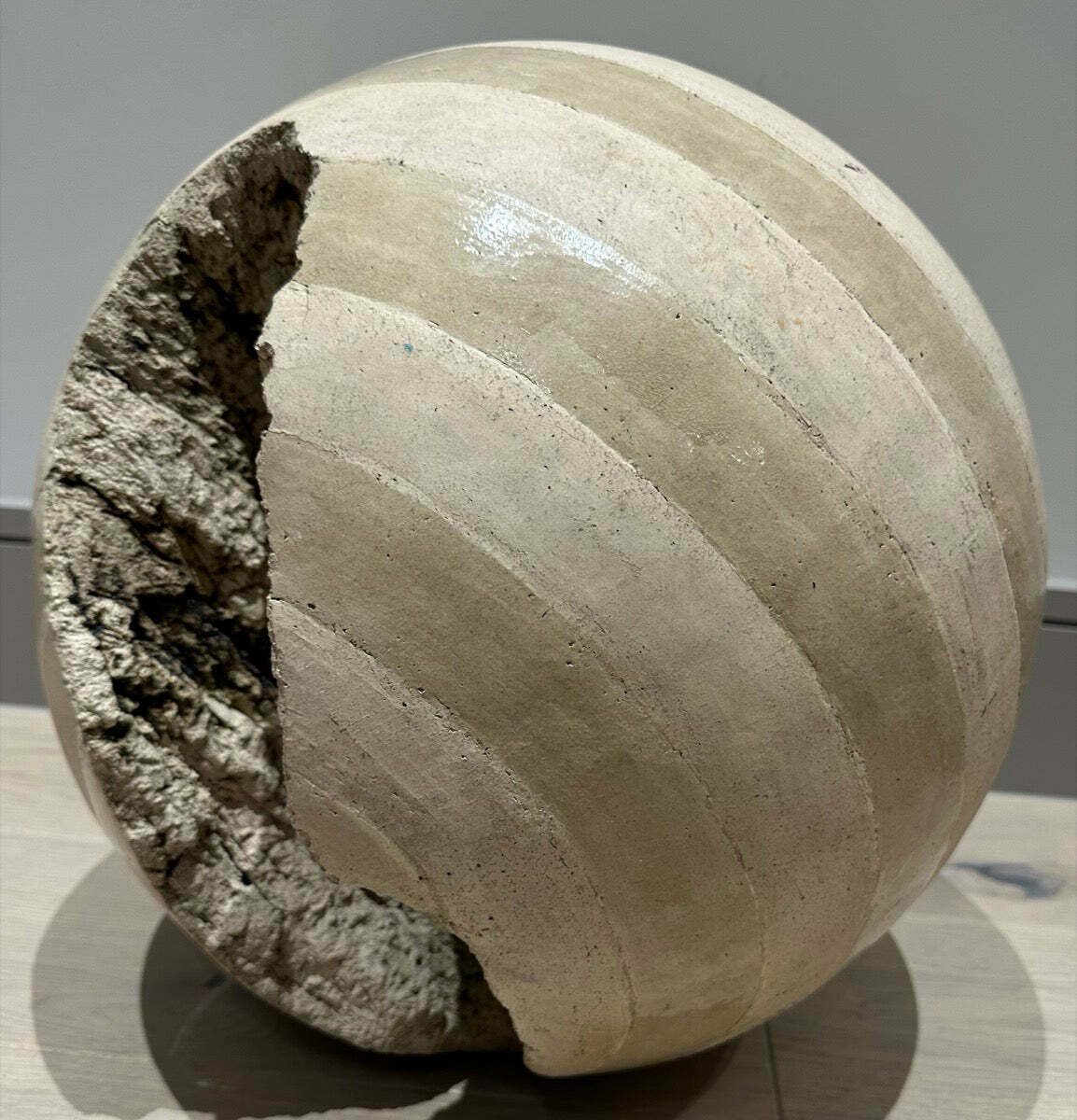 Art Circa 1960s French Abstract Terracotta Striped Glazed & Unglazed Round Sculpture photo