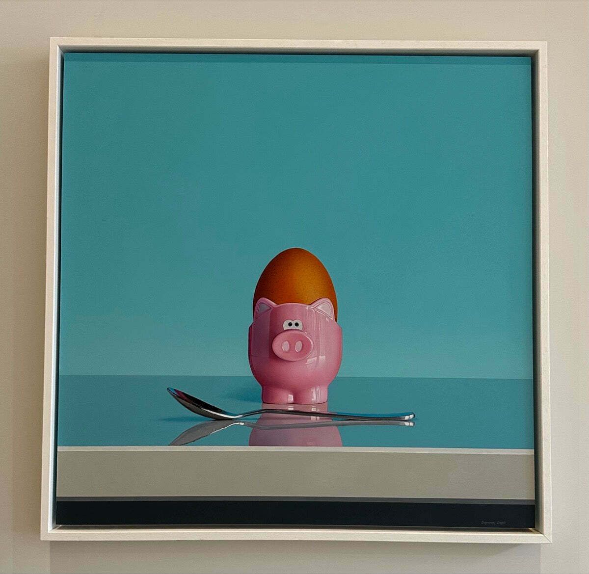 Original Pink Pig Egg Cup & Spoon Oil On Board Still Life Painting By Artist Christopher Green photo for sale