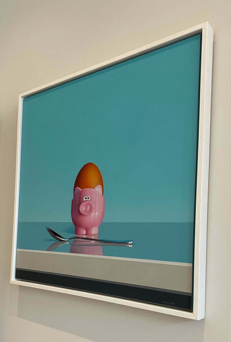 photo for sale Original Pink Pig Egg Cup & Spoon Oil On Board Still Life Painting By Artist Christopher Green