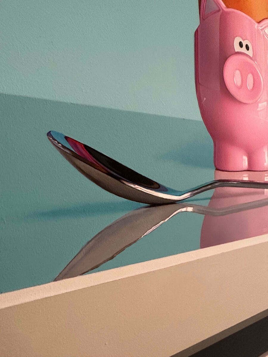 5250.0 Original Pink Pig Egg Cup & Spoon Oil On Board Still Life Painting By Artist Christopher Green photo