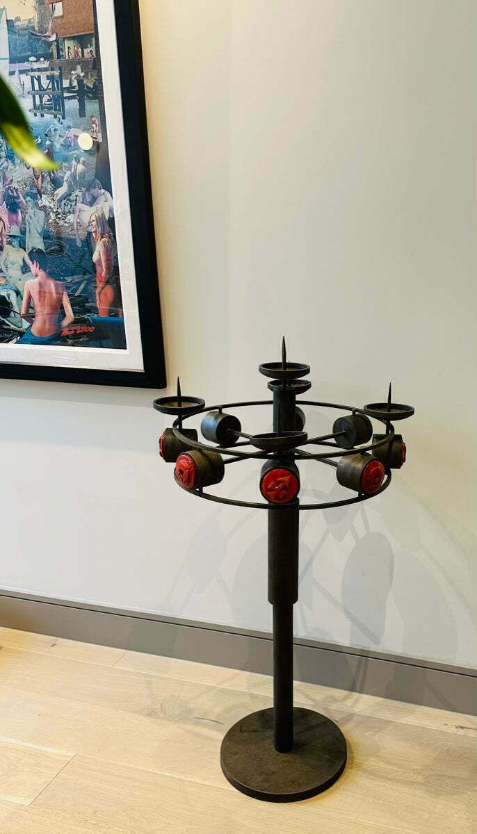 1960s Italian Brutalist Iron And Ceramic Floor Standing Candleholder photo buy