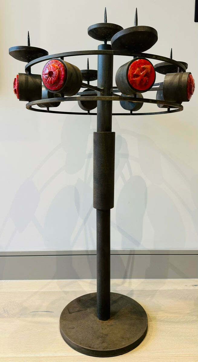 1960s Italian Brutalist Iron And Ceramic Floor Standing Candleholder photo vintage