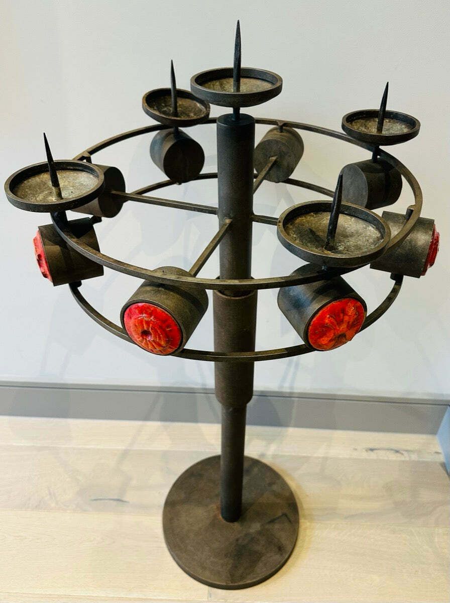 1150.0 1960s Italian Brutalist Iron And Ceramic Floor Standing Candleholder photo