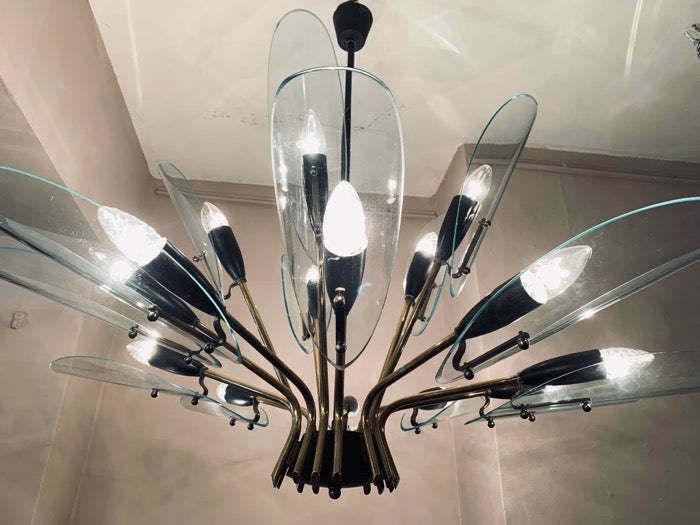 1950s Italian Brass And Glass Leaves Chandelier In The Style Of Fontana Arte photo 1650.0