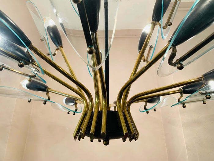 photo for sale 1950s Italian Brass And Glass Leaves Chandelier In The Style Of Fontana Arte