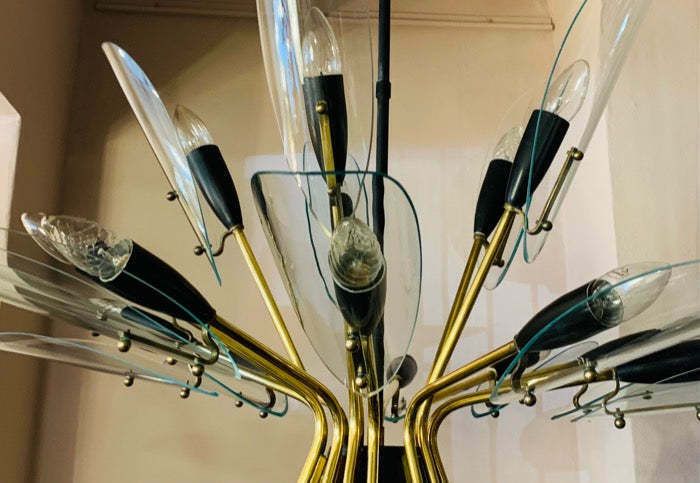 Lighting 1950s Italian Brass And Glass Leaves Chandelier In The Style Of Fontana Arte photo