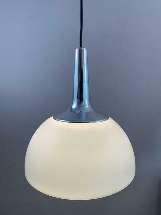 1970s German Peill & Putzler Opaline & Chrome Pendant Hanging Light photo for sale
