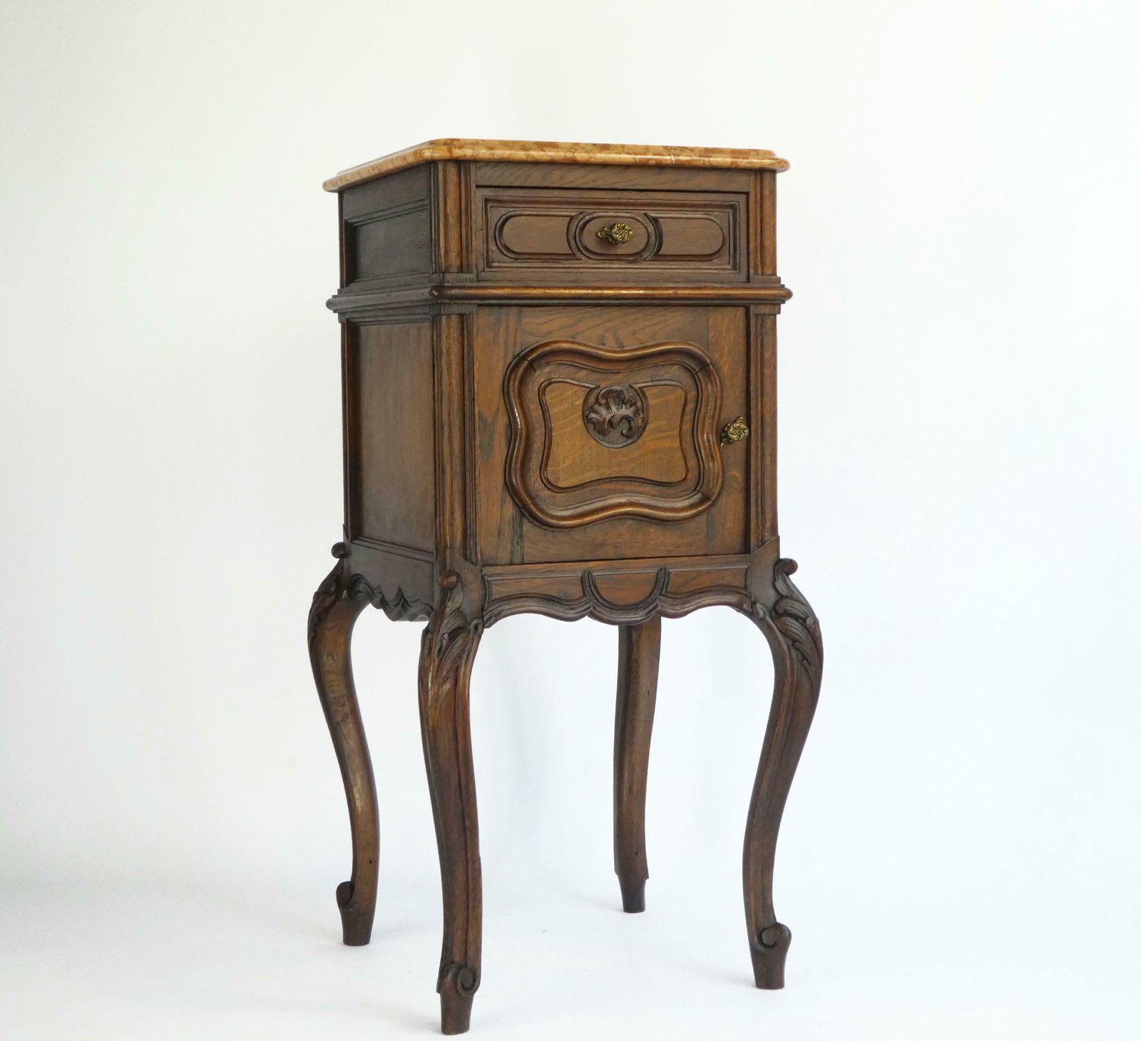 Antique French Louis XV Wooden Side Table With Marble, Walnut Carved Tall Chest, Beside Table, Entryway Furniture photo for sale