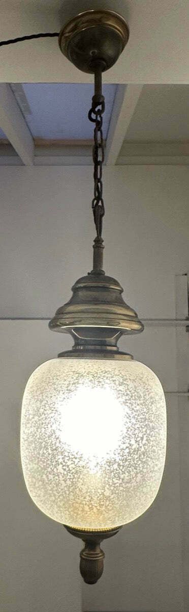 1960s Italian Brass & Etched Frosted Glass Gaetano Sciolari Pendant Hanging Ceiling Lamp photo for sale