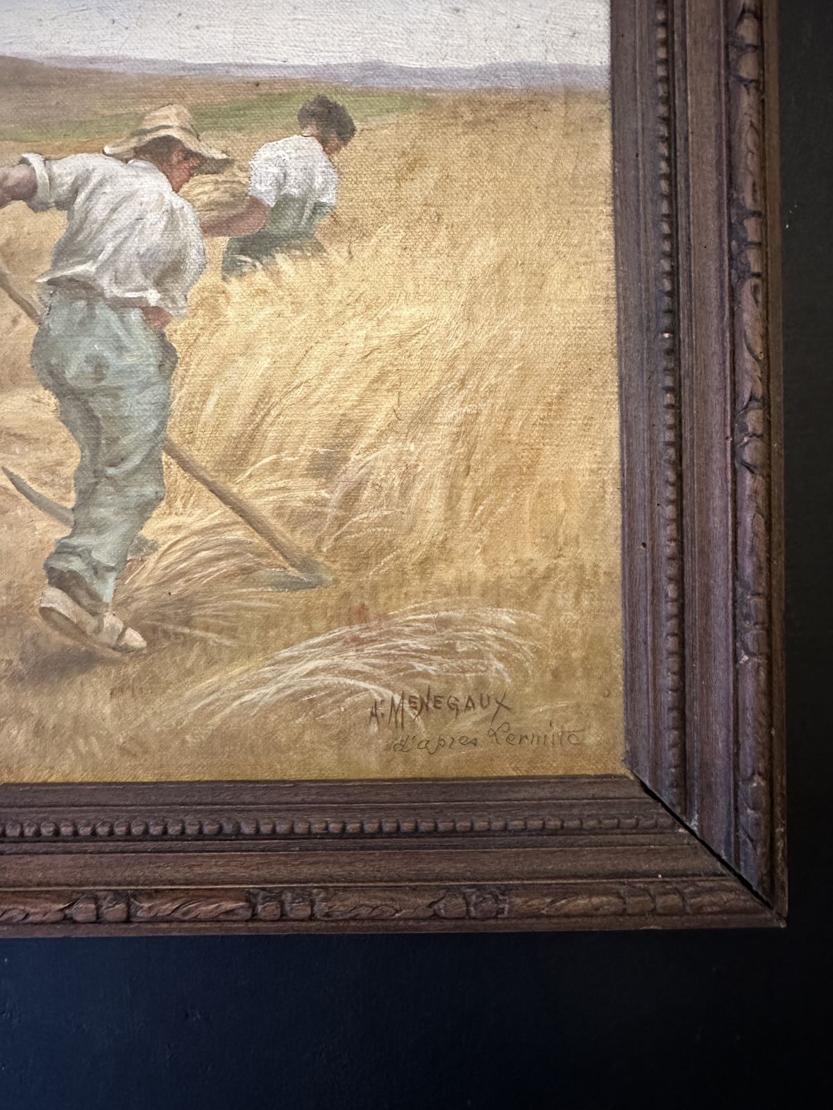 Stunning French School Oil Painting On Canvas “A.Ménégaux” Cutting The Hay. Signed. Original Frame photo for sale