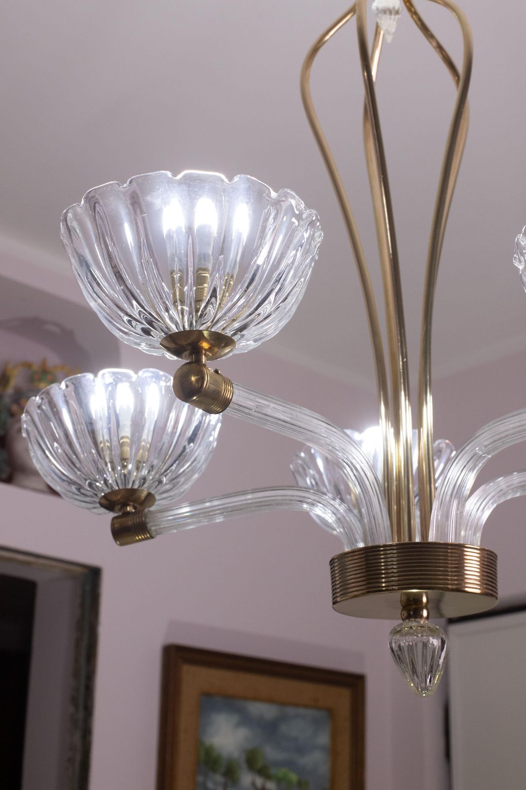 photo for sale Extraordinary 5 Light Art Deco Murano Glass And Brass Chandelier By Barovier